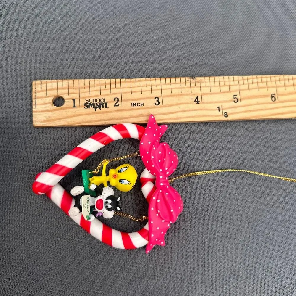 VTG Warner Bros Tweety Sylvester Heart Candy Cane Ornament Looney Tune Christmas